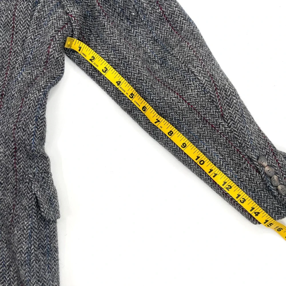 Lands End Harris Tweed Blazer Mens 38R Grey Herringbone Scottish Wool Sport Coat